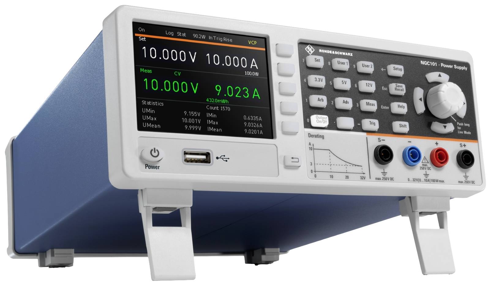 Elektronisk apparat med digitalt display visar värdena 10,000 V och 9,023 A. Den har flera knappar och vridreglage för styrning.