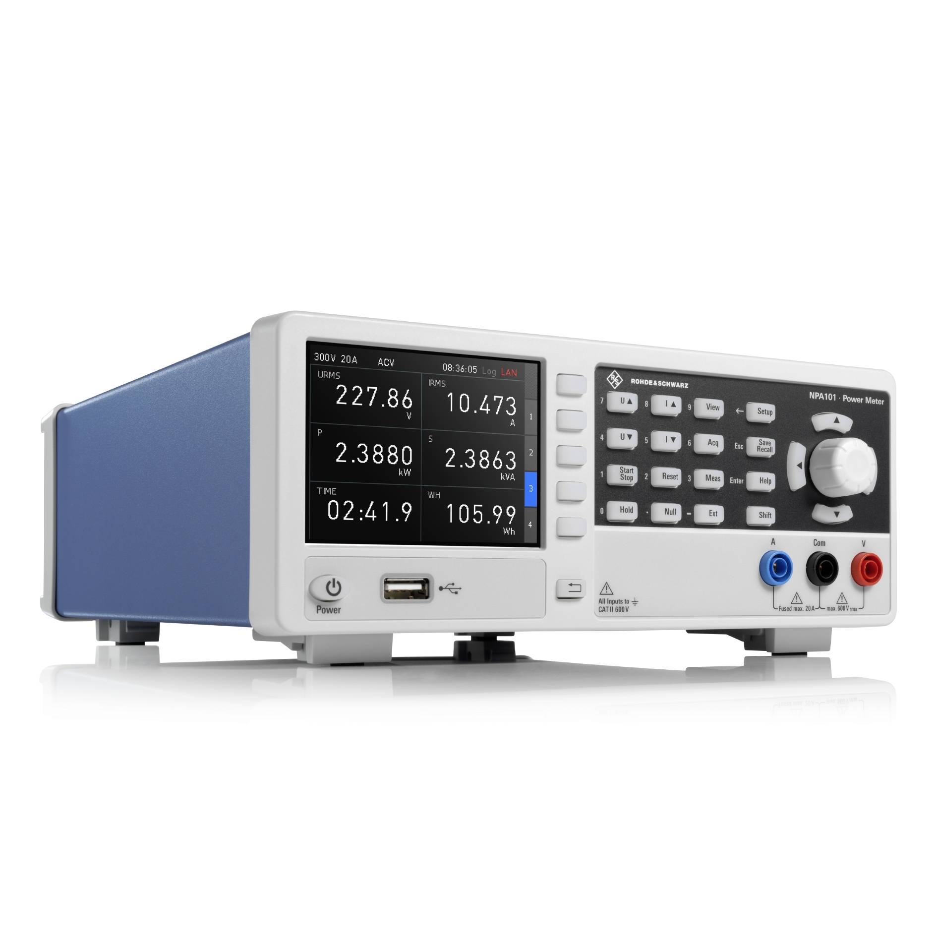 En blå-vit elektronisk mätinstrument med digitalt display visar mätvärden och knappar. Instrument för preciserade mätningar i laboratorier.