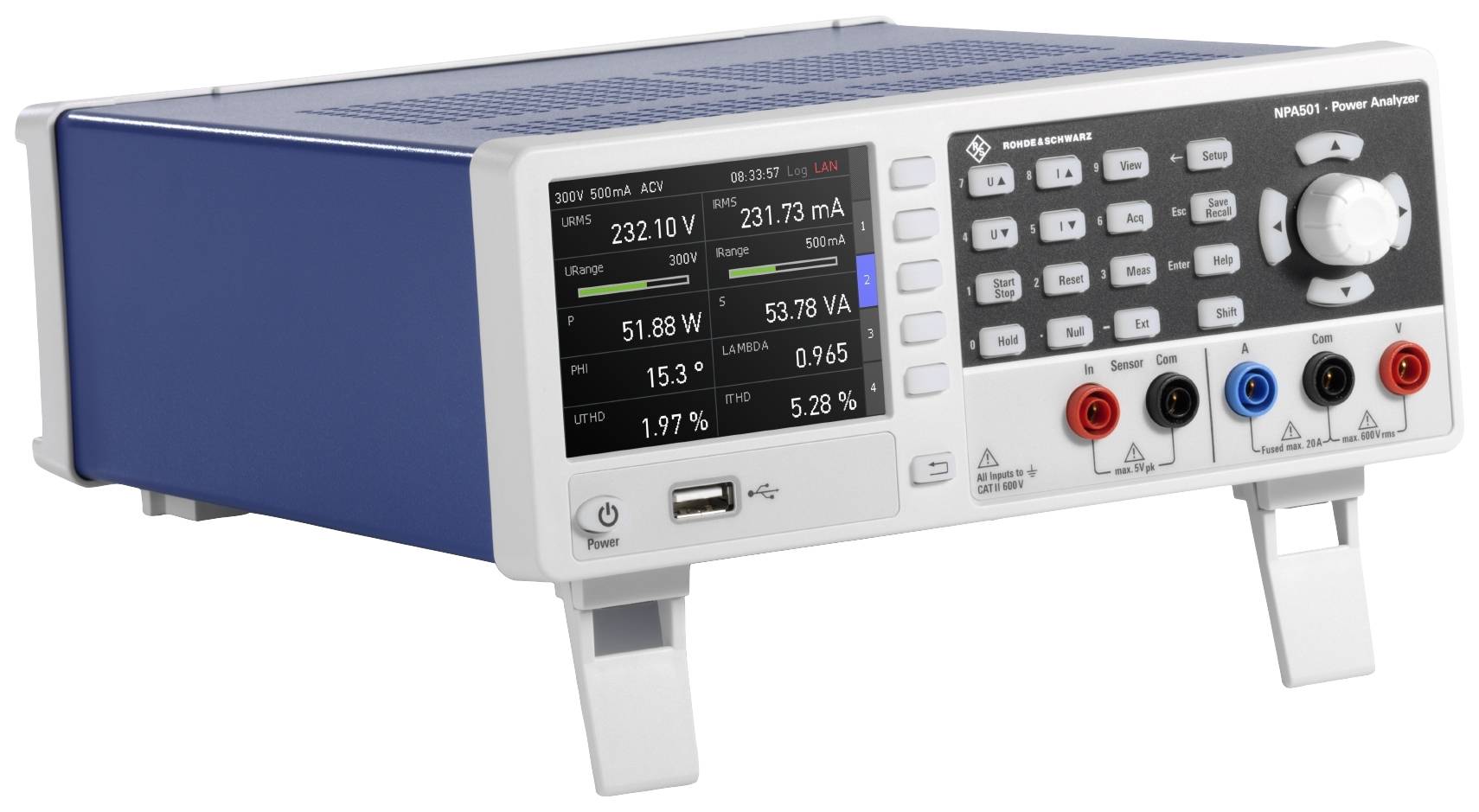 En digital strömanalysator med display visar elektriska parametrar som spänning (232,10V) och ström (231,73mA).