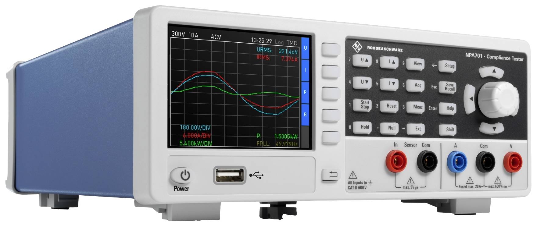En elektronisk testapparat med en digital display visar två vågformiga linjer och mätvärden. Manöverdon finns till höger.