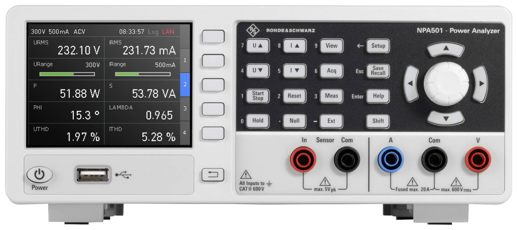Strömätare med digitalvisning visar värden som AC-spänning 232V och effekt 51,88W. Knappsats till höger, huvudanslutningar nedtill.
