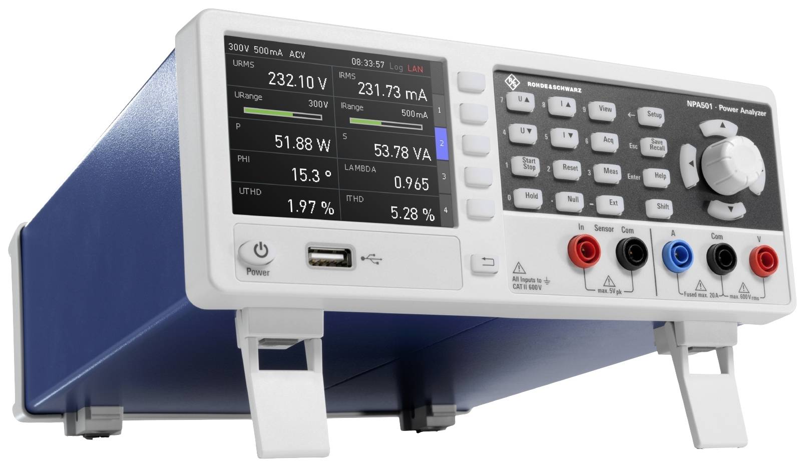 En digital mätare med display visar elektriska värden som spänning (232,10 V) och strömstyrka (231,73 mA). Framsidan har knappar och anslutningar.