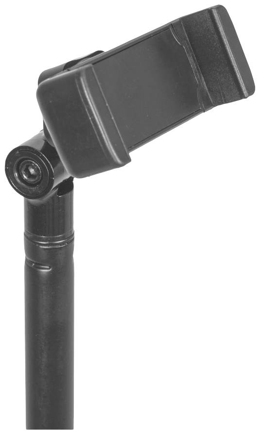 Smartphonehållare med justerbar klämma, lämplig för olika enhetsstorlekar, i svart färg. Perfekt för handsfree-användning.