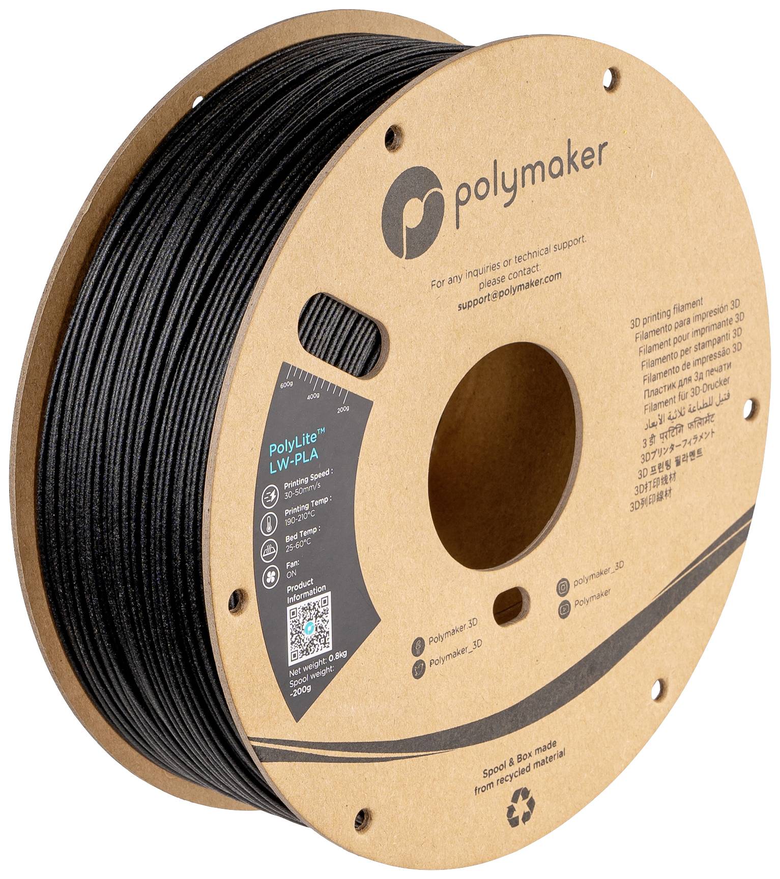 Spole med svart 3D-skrivarefilament från Polymaker, lämplig för utskrift av lätta och starka objekt.