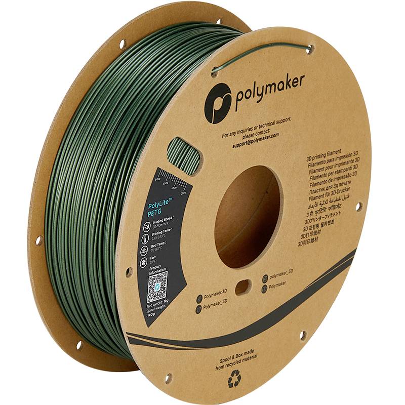 Grön spole med PETG-filament för 3D-skrivare, märke Polymaker. Spolen består av återvunnen kartong, etikett med QR-kod synlig till höger.