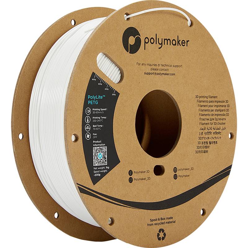 Vit PETG-filamentspole för 3D-skrivare från Polymaker, på pappkärna, 1,75 mm diameter, 1 kg, återvinningsbar.