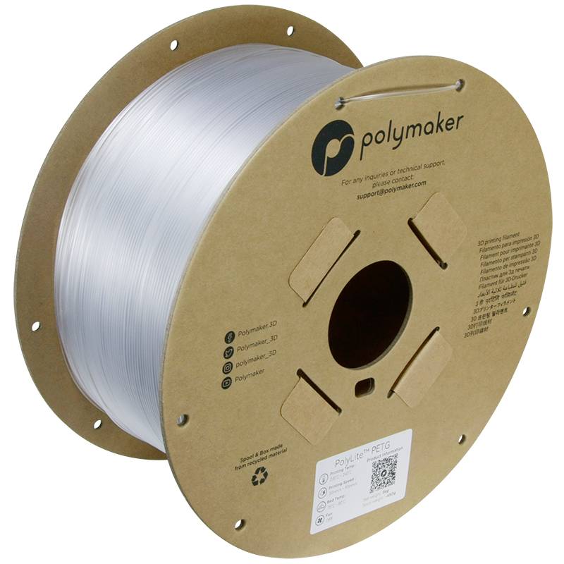 En spole med transparent 3D-skrivarefilament från märket Polymaker, på en papperrulle, lämplig för PETG-utskriftsprojekt.