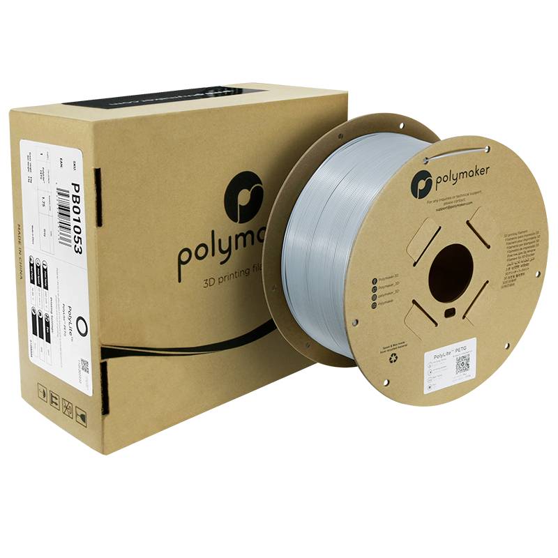 En rulle grått 3D-skrivarfilament och dess tillhörande förpackning från Polymaker visas.