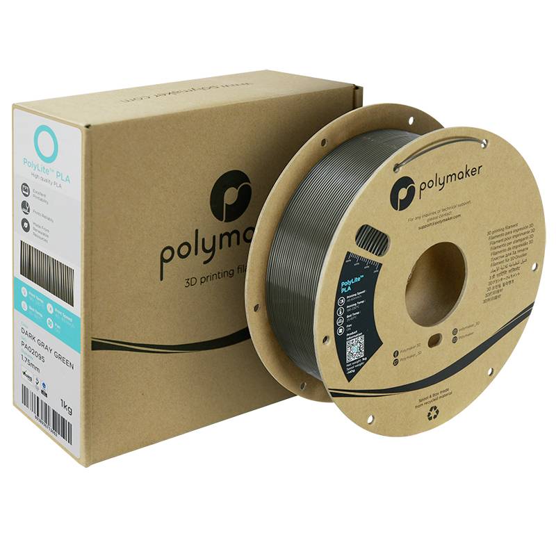 En rulle grått PLA-filament och en förpackningsbox från märket Polymaker för 3D-utskriftsapplikationer.