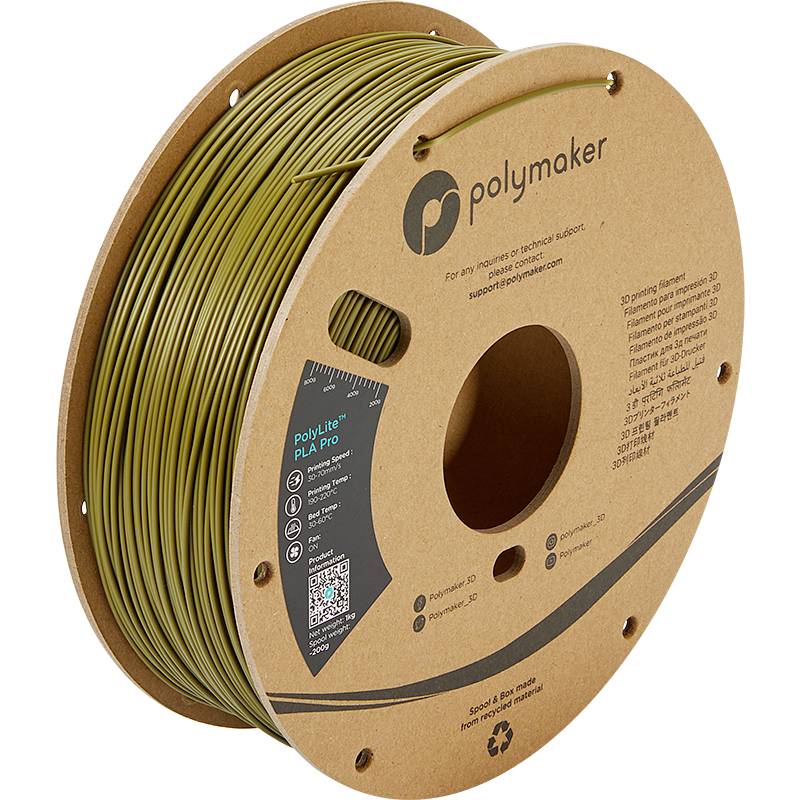 Spole med 3D-skrivarefilament, varumärke 'Polymaker', grönaktig. Förpackning med märkningar om material och tillverkarinformation.