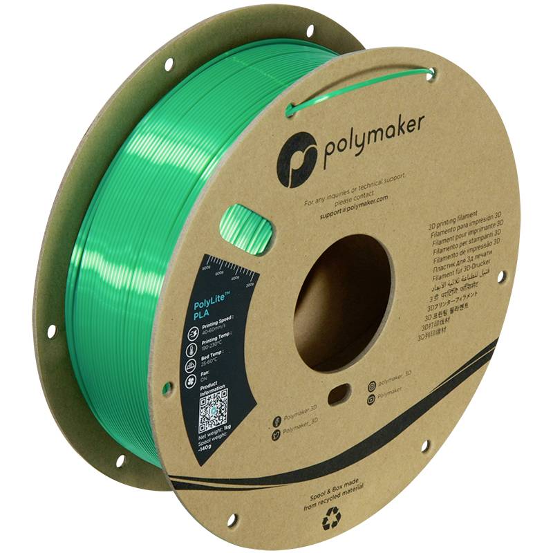 Rulle med grönt 3D-skrivarefilament från märket 'Polymaker', etiketterad med produktinformation och QR-kod på förpackningen.