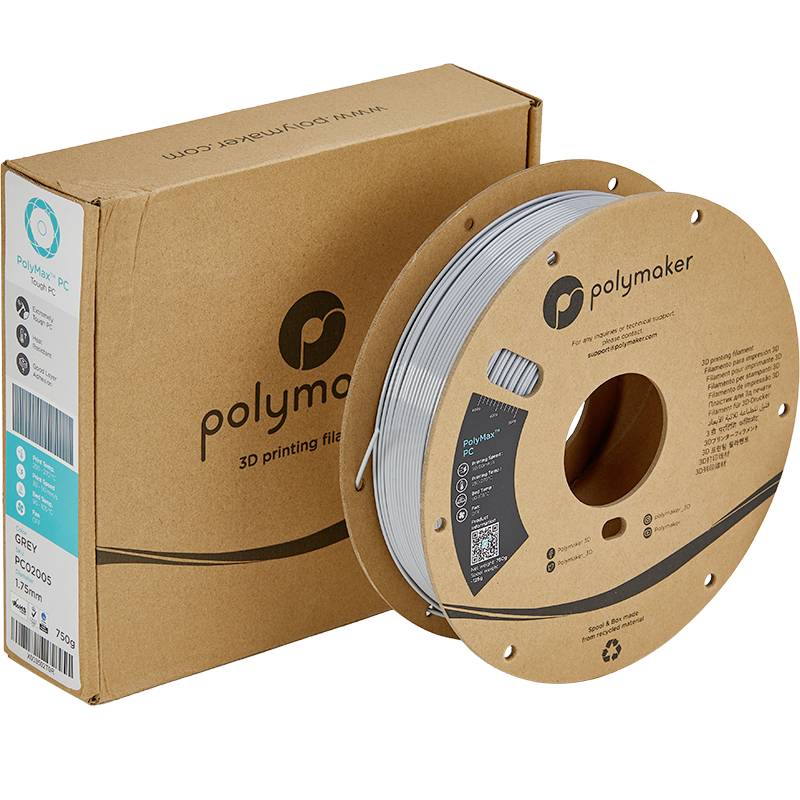 3D-skrivarefilamentrulle från Polymaker i grått, framför en kartongförpackning.