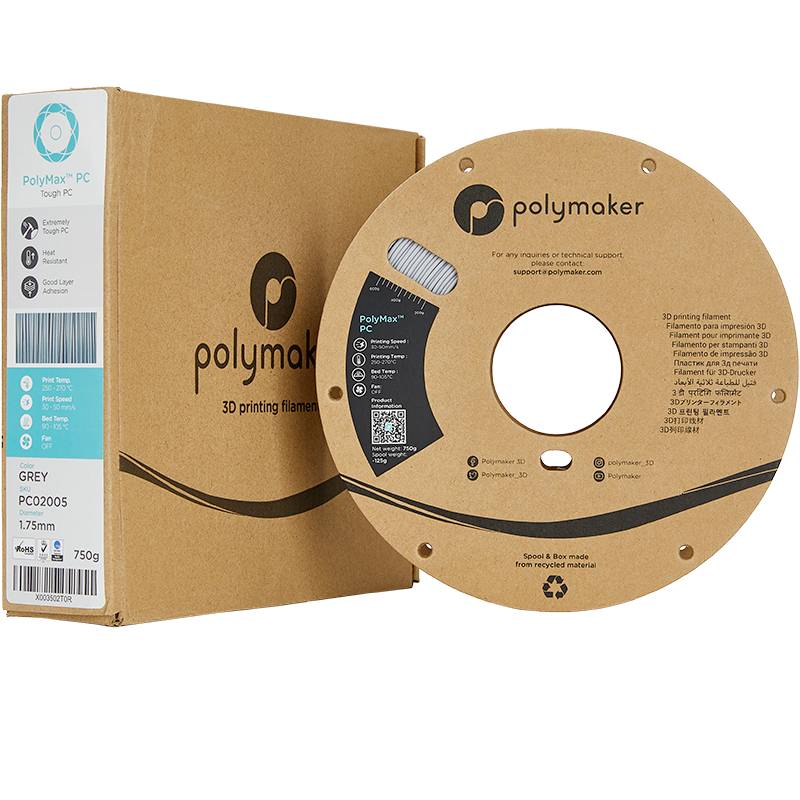 Spole med grått 3D-utskriftsfilament bredvid en förpackning med Polymaker-logotyp, kompatibel med 1,75 mm-skrivare, vikt 750 g.