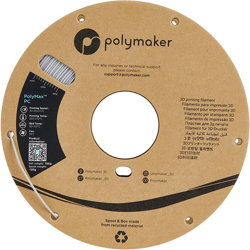 Brun plastisk spole med 3D-utskriftsfilament från Polymaker. Innehåller produktinformation, 3D-utskriftsparametrar och kontaktuppgifter.