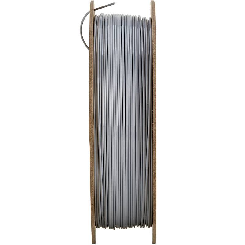 Grått filament på rulle, stående vertikalt, för 3D-skrivare.