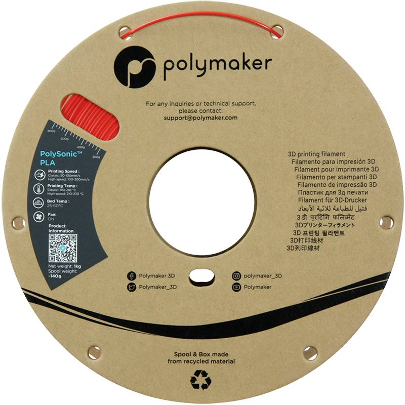 En rulle Polymaker 3D-utskriftsfilament, PLA-material, med röda filament. Innehåller information om produktbeskrivning och kontaktuppgifter.