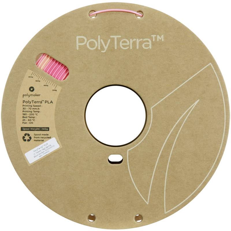 Spole med PolyTerra PLA-filament i rosa från Polymaker, återvinningsbar förpackning, lämplig för 3D-utskrift; spolens vikt: 140g.