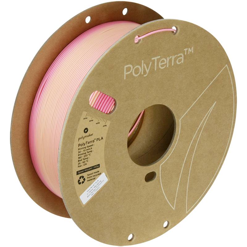 En rulle av rosa 3D-skrivarfilament, lindad på en miljövänlig papphaspel märkt med varumärket 'PolyTerra'.