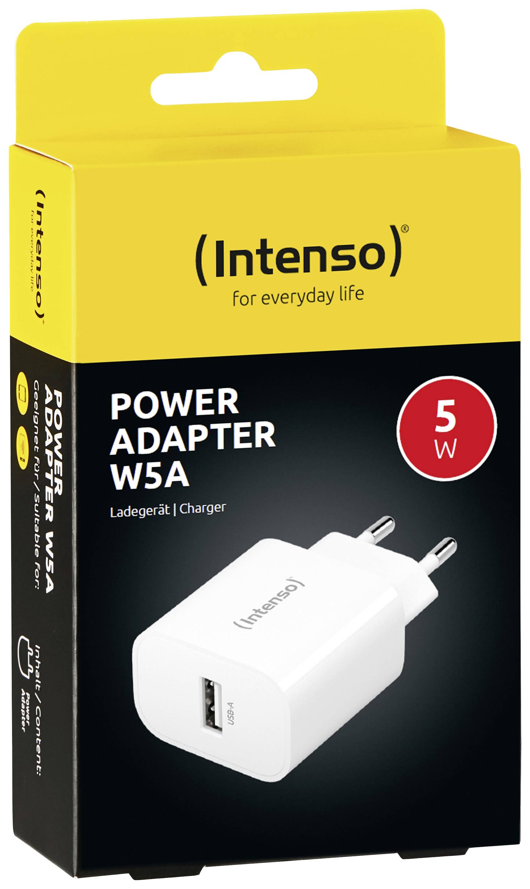 Gul och svart förpackning för en Intenso-laddare, 5 watt, med USB-anslutning. Produktnamn 'POWER ADAPTER W5A'.