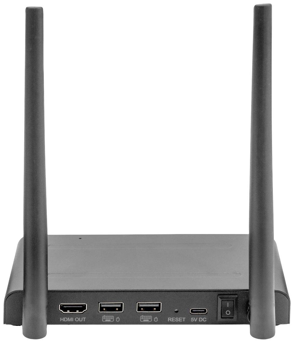 En svart Wi-Fi-router med två vertikala antennerna och flera anslutningar på baksidan, bland annat HDMI och USB.