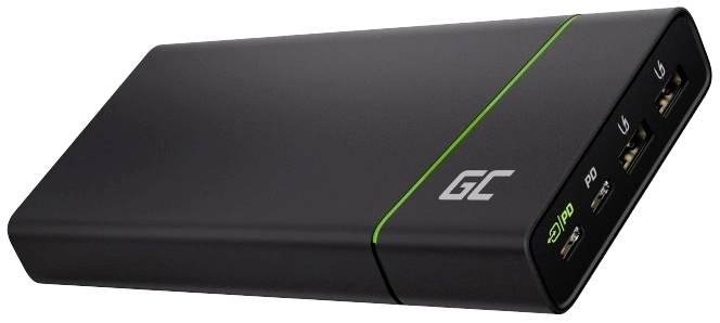 En svart powerbank med grönt LED-ljus och två USB-portar samt en USB-C-port.
