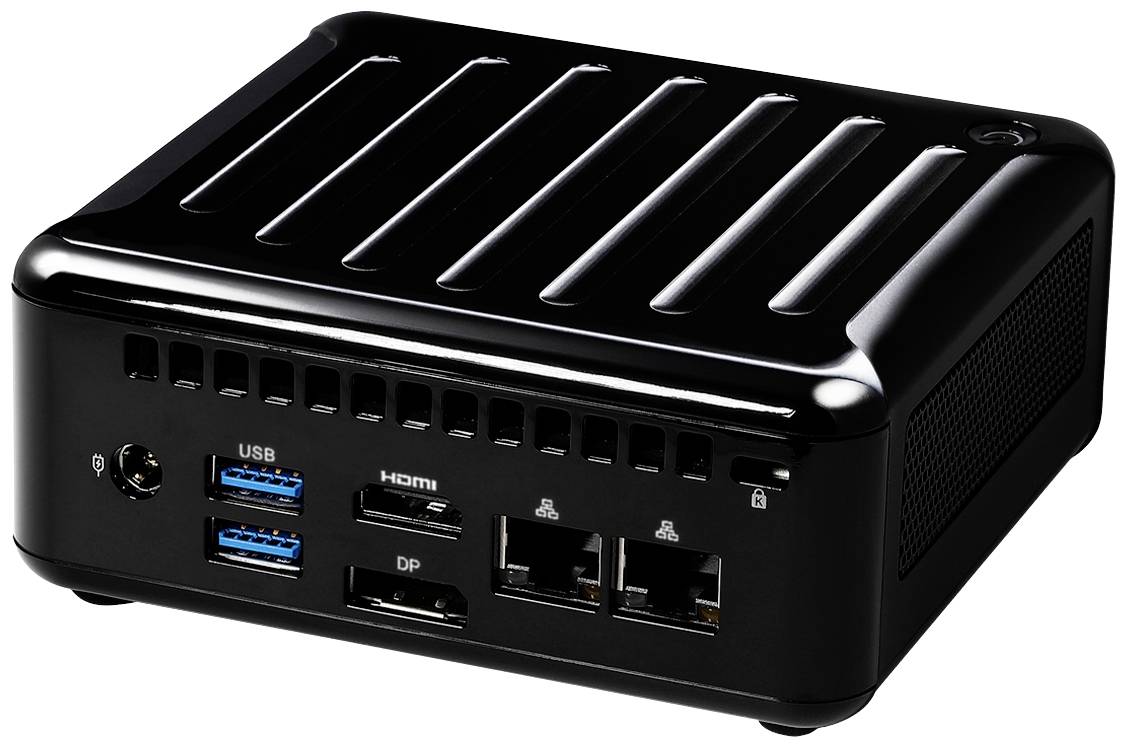 En kompakt, svart mini-PC med flera anslutningsalternativ: USB, HDMI, DisplayPort och Ethernet-gränssnitt på framsidan.