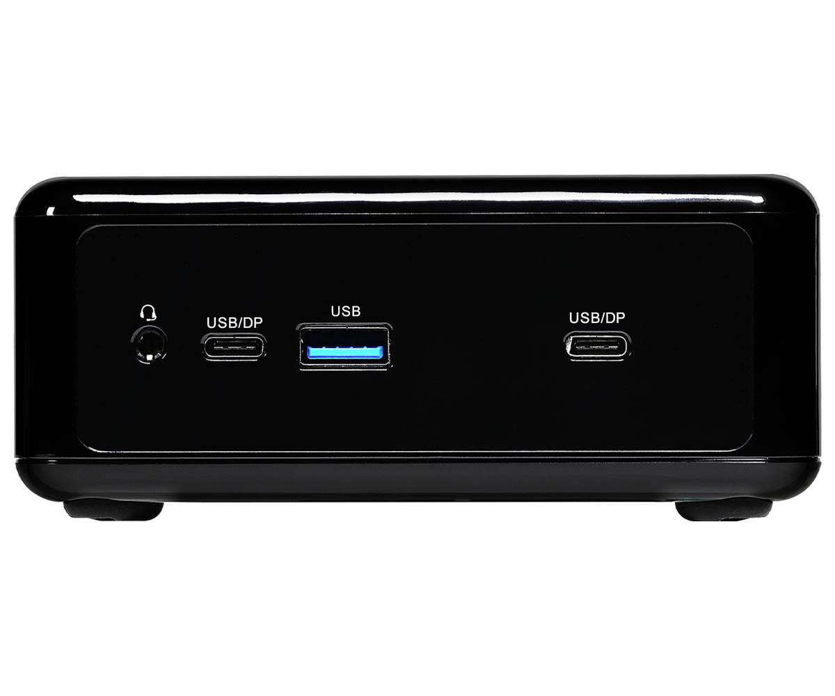 Svart datordockningsstation med två USB/DP-anslutningar, en USB-anslutning och ett hörlursuttag på framsidan.