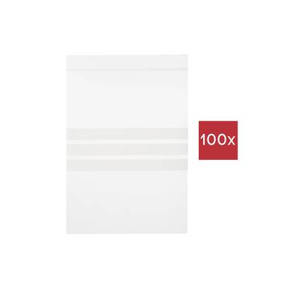 Vit pappersförpackning med två horisontella ränder och en röd fyrkantig etikett med '100x' som indikerar kvantiteten.