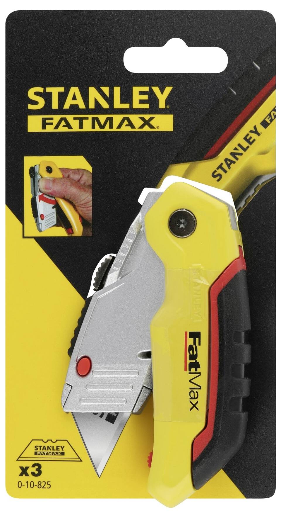'Stanley FatMax' fällkniv i gul förpackning, visar säkerhetsknivar. Avsedd för exakta och säkra skärningar.