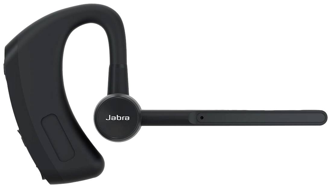 Trådlöst svart Bluetooth-headset med öronbygel och mikrofonarm, varumärket 'Jabra' tryckt på den runda delen av öronsnäckan.