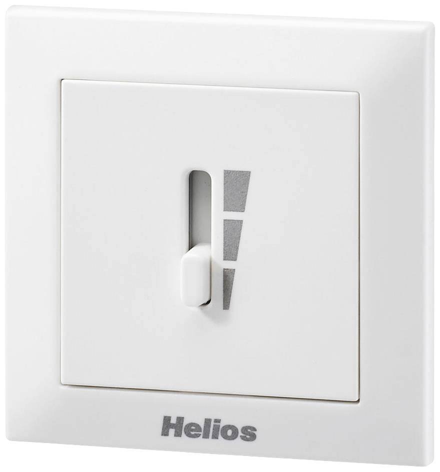 En vit väggströmbrytare med en skala av tre grå streck som blir mindre uppåt, med 'Helios'-logotypen längst ner.