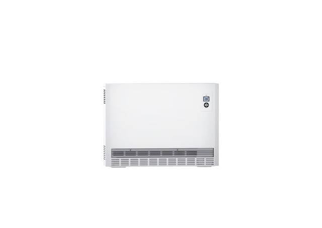 En vit radiator med en liten digital display längst upp till höger; designen är enkel och modern.