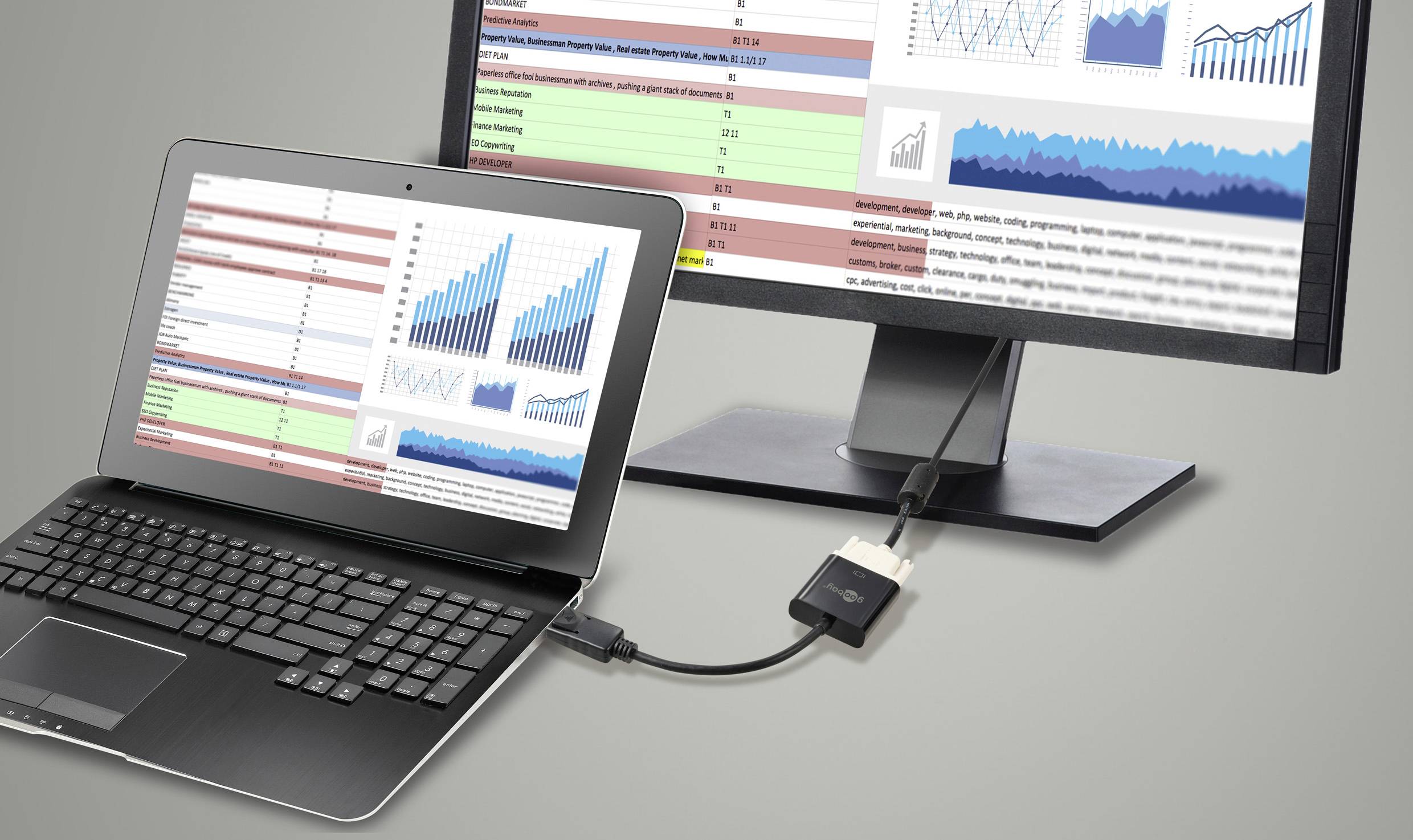 Laptop och skärm visar tabeller och diagram med dataanalyser. Laptopen är ansluten till skärmen via en kabel.