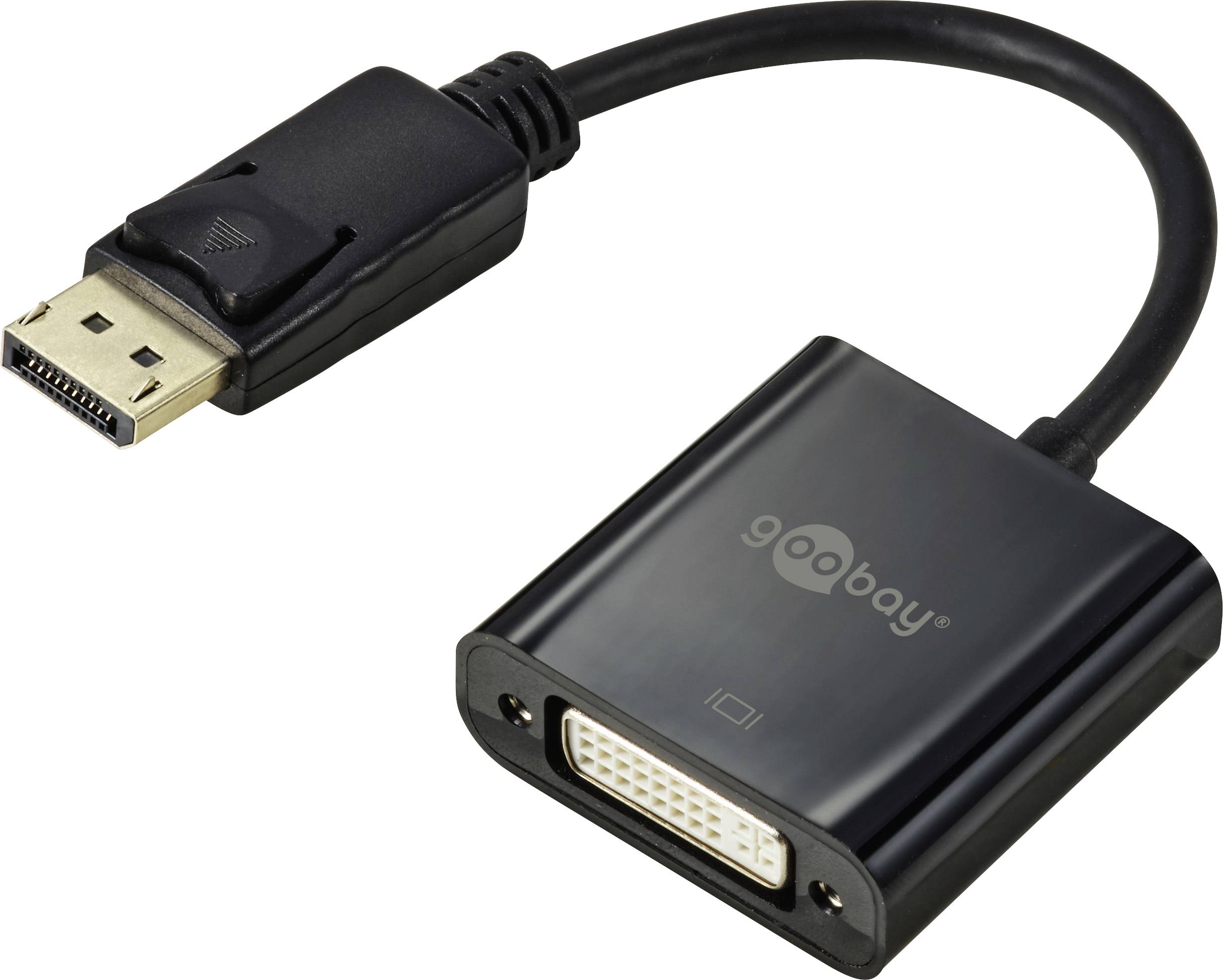 Displayport-till-DVI-adapter med svart kabel, Displayport-kontakt till vänster, DVI-uttag till höger. Varumärket 'goobay' synligt.