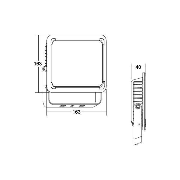 Diagram över en kvadratisk strålkastare med dimensioner: 163 mm höjd/bredd och 40 mm djup, sido- och frontvy.