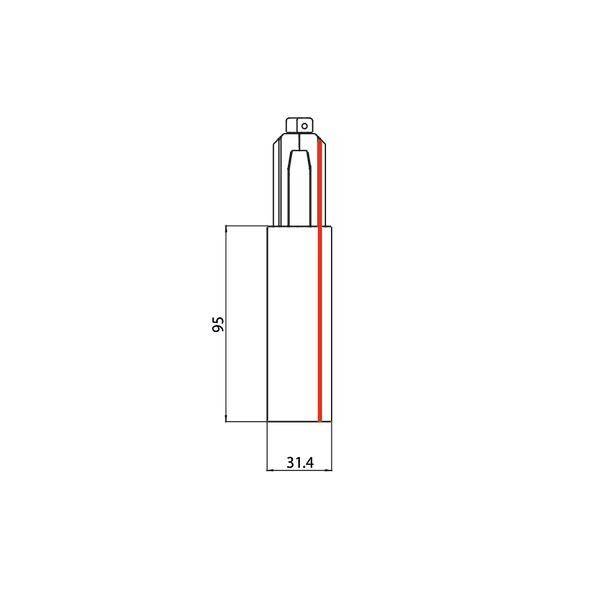 Teknisk ritning av en komponent med dimensioner: Höjd 95 mm, bredd 31,4 mm.