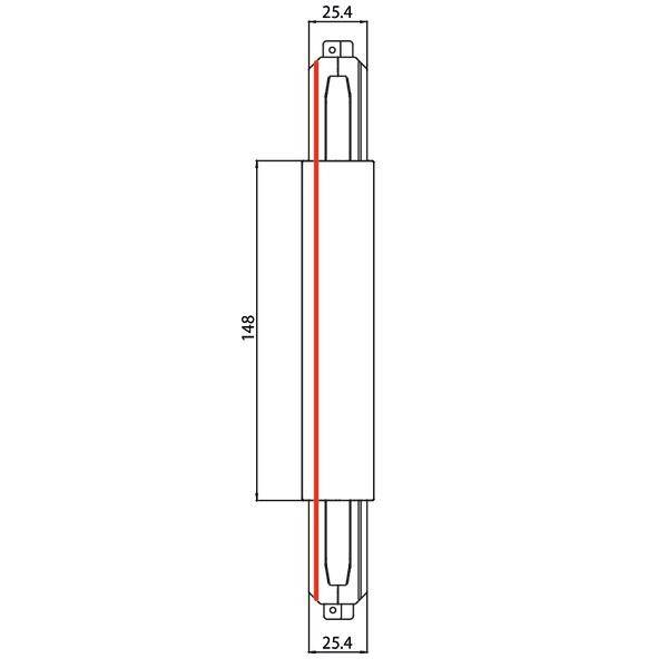 Teknisk ritning av en rektangulär metallplåt med två fästhål vid ändarna. Mått: 25,4 x 148 mm.