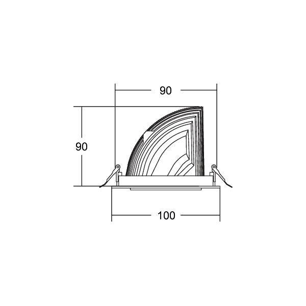Teknisk ritning av en infälld LED-spotlampa i genomskärning. Måtten är 90x90 mm, med ett djup på 100 mm.