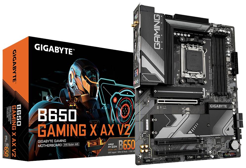 'GIGABYTE B650 GAMING X AX V2': Förpackning med robotliknande motiv och moderkort bredvid. Lämplig för AMD Ryzen 7000-serien.