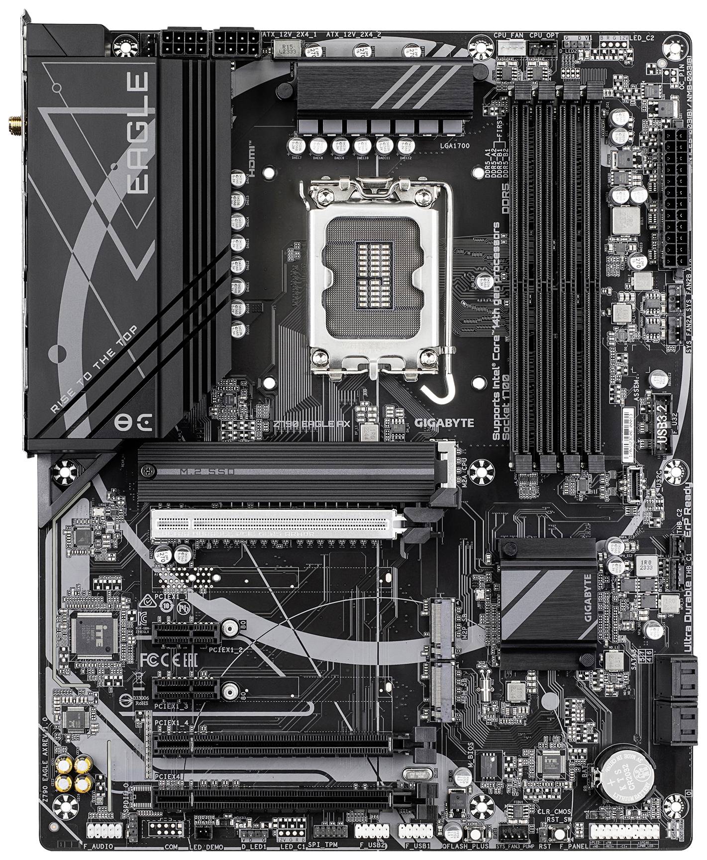En svart moderkort med flera kortplatser, gränssnitt och elektroniska komponenter, GIGABYTE EAGLE-design.