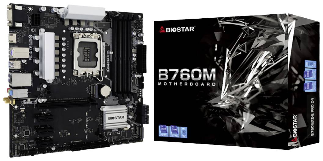 Ett Biostar B760M-moderkort bredvid sin förpackning. Förpackningen visar ett grafiskt design. Huvudsakliga egenskaper är framhävda på lådan.