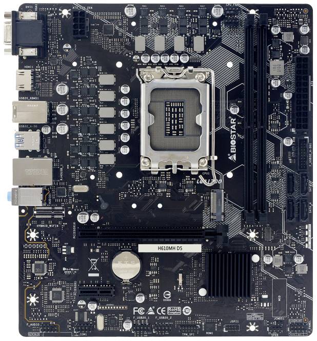 Ett moderkort med olika anslutningar, en CPU-sockel i mitten och flera kortplatser för RAM-moduler.