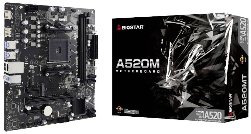 Ett moderkort med flera anslutningar bredvid en förpackning märkt 'A520M Motherboard från Biostar'.