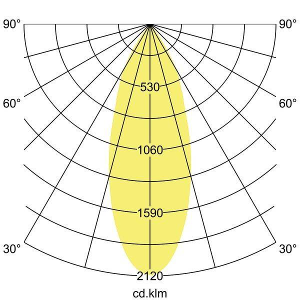 Diagram visar ett polart ljusdiagram för en strålkastare, markerad i gult, med värdena: 530, 1060, 1590, 2120 cd/klm, vinkel 0° till 90°.