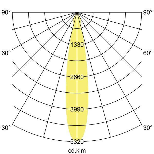 Polärdiagram för en lampa med ljusfördelning: Maxvärde på 5320 cd.klm i mitten, avtagande till 1330 cd.klm mot kanterna.