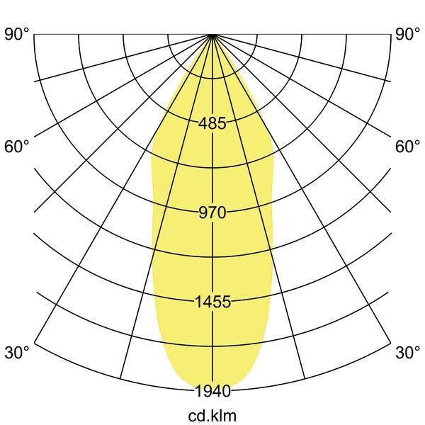 Polärljusdiagram visar ljusfördelningen för en lampa; intensitet från 485 till 1940 cd/klm, huvudstrålningsområde vid 970 och 1455.