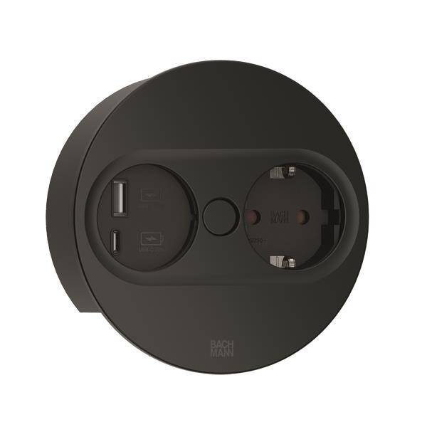 Svart vägguttag med två USB-portar och en Schuko-kontakt på en rund platta. Perfekt för moderna elinstallationer.