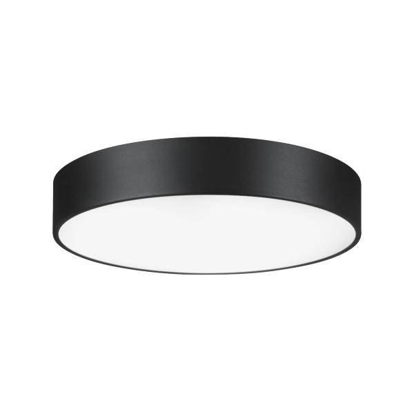 Rund, svart taklampa med vit diffusor, lämplig för moderna interiörer. Perfekt för jämn belysning av mindre ytor.