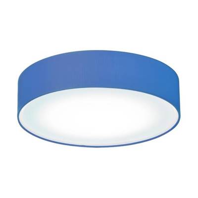En rund, blå taklampa med vitt ljus i en modern design.