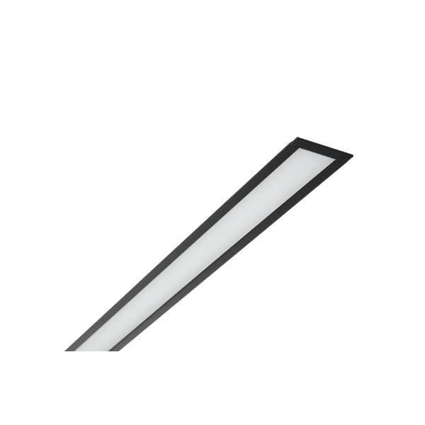 Svart linjär LED-armatur med smal ram mot vit bakgrund; modernt belysningsdesign för interiörer.